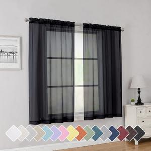 Simplebrand Rod Pocket Top Solid Voile Sheer Curtains for Bedroom, 54 Inch Length Drapes Set of 2, Lightweight and Light Filtering Elegant Black Curtains Panels Window Treatment, 42W54L, Black