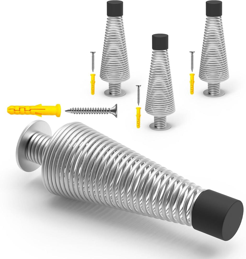 Mousike 4.5" Silver Door Stops for Bottom of Door (4 Pack) - Heavy Duty Industrial Springy Doorstops & Wall Stops for Solid Core, Garage, Warehouse, Office, Commercial Doors