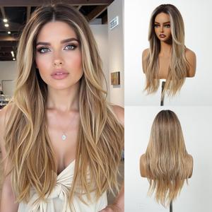 testar Long Straight Ombre Blonde Wigs for White Women Dark Brown to Blonde Highlights Silky Hair Synthetic Middle Part Wigs for Daily Use Lace Closure Natural Hairline 26 IN