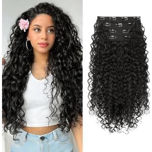 Clip in Hair Extensions, FLUFYMOOZ 4PC 100％ Pure Protein Silk Hair Extensions Long Soft Natural Hairpiece 20 Inch Curly Hair Extension for Women (Black Brown)