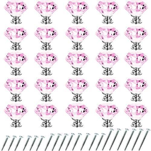 GoodtoU Crystal Drawer Cabinet Knobs Diamond Shaped Crystal Glass Knobs Pulls 30mm for Dresser Kitchen Wardrobe Cupboard (15 Pack, Pink)