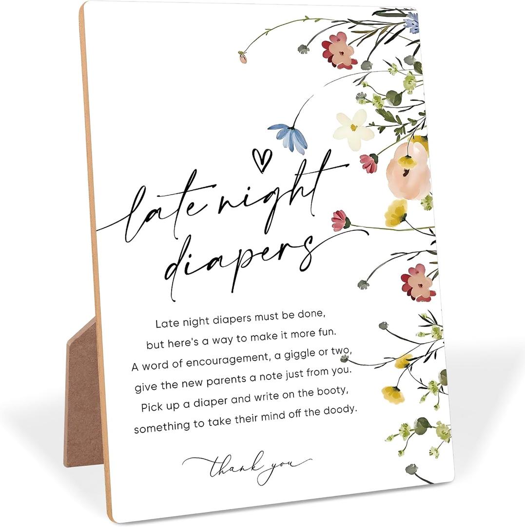 2 x Flower Wooden Baby Shower Decor, Late Night Diapers Sign, Boho Baby Shower Decorations with Stand, Table Decorations for Reception for Gender Reveal Night, Newborn Welcome Party Games, 40, 5.6x8 inches
