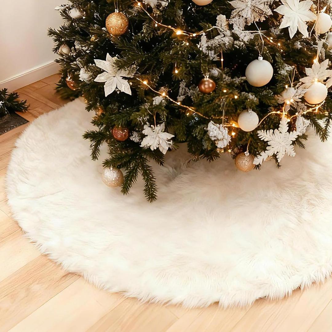 Christmas Tree Skirt White, 48 Inch Soft Faux Fur Xmas Tree Skirts, Large Luxury Velvet Plush Christmas Trees Decoration, White Ornaments for Christmas Holiday Party Indoor Party Home Decor