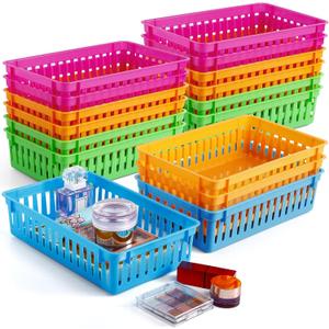 16 Pack Classroom Storage Baskets, Small Plastic Organizer Basket, Colorful Storage Trays for Organizing, Pencil Containers Baskets for Home School Office Desk Shelf, 10.2"L x 6.5"W x 2.4"H