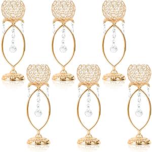6 Pcs Gold Elegant Metal Crystal Tea Light Candle Holders with Crystal Pendants, Hollow Design - Wedding Table Centerpieces for Anniversary Birthday Party, Home Decor