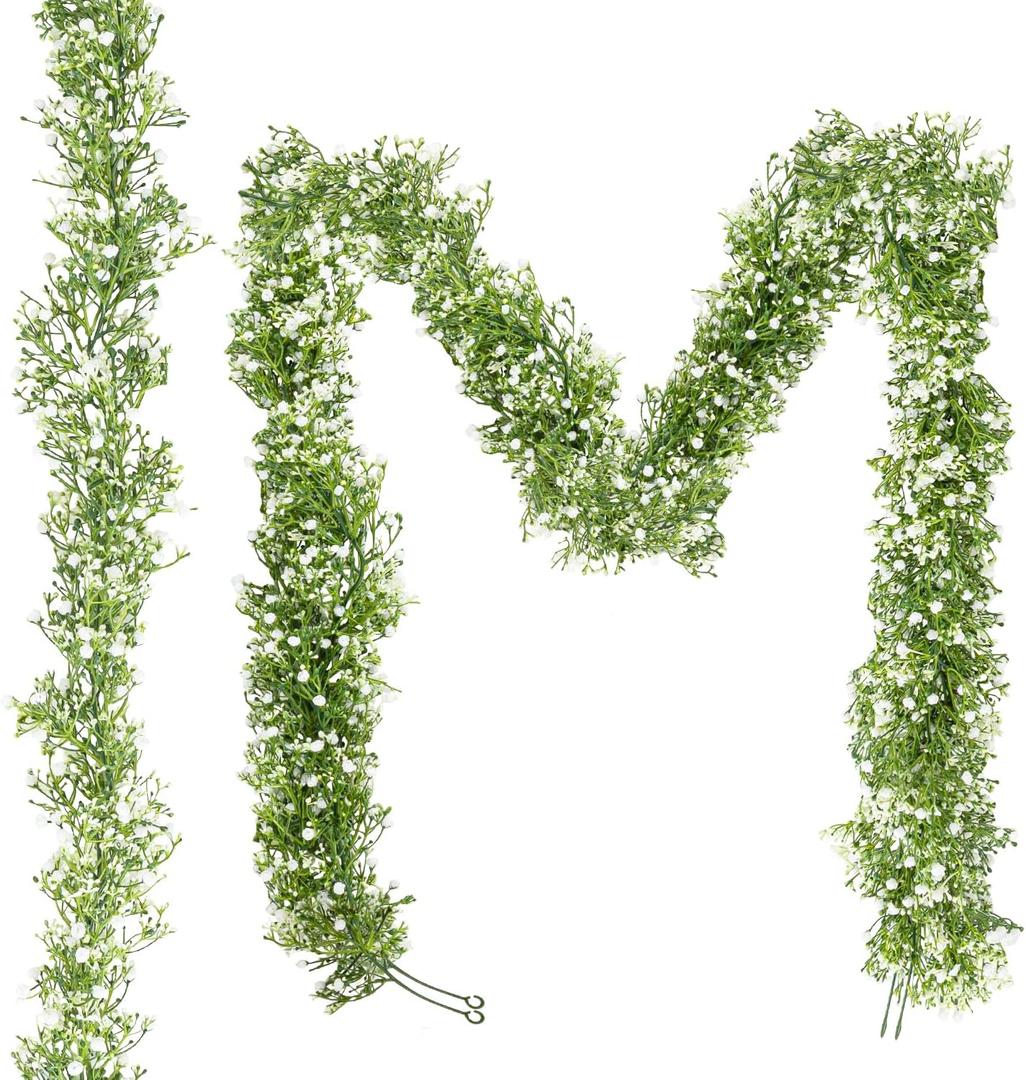 Artificial Flower,5.9 FT-2 Pcs Real Touch Faux Hanging Baby Breath Garland,Fake Babys Breath Gypsophila for Wedding Arch Flowers, New Year Decor, Baby Shower, and Home Decor(White)