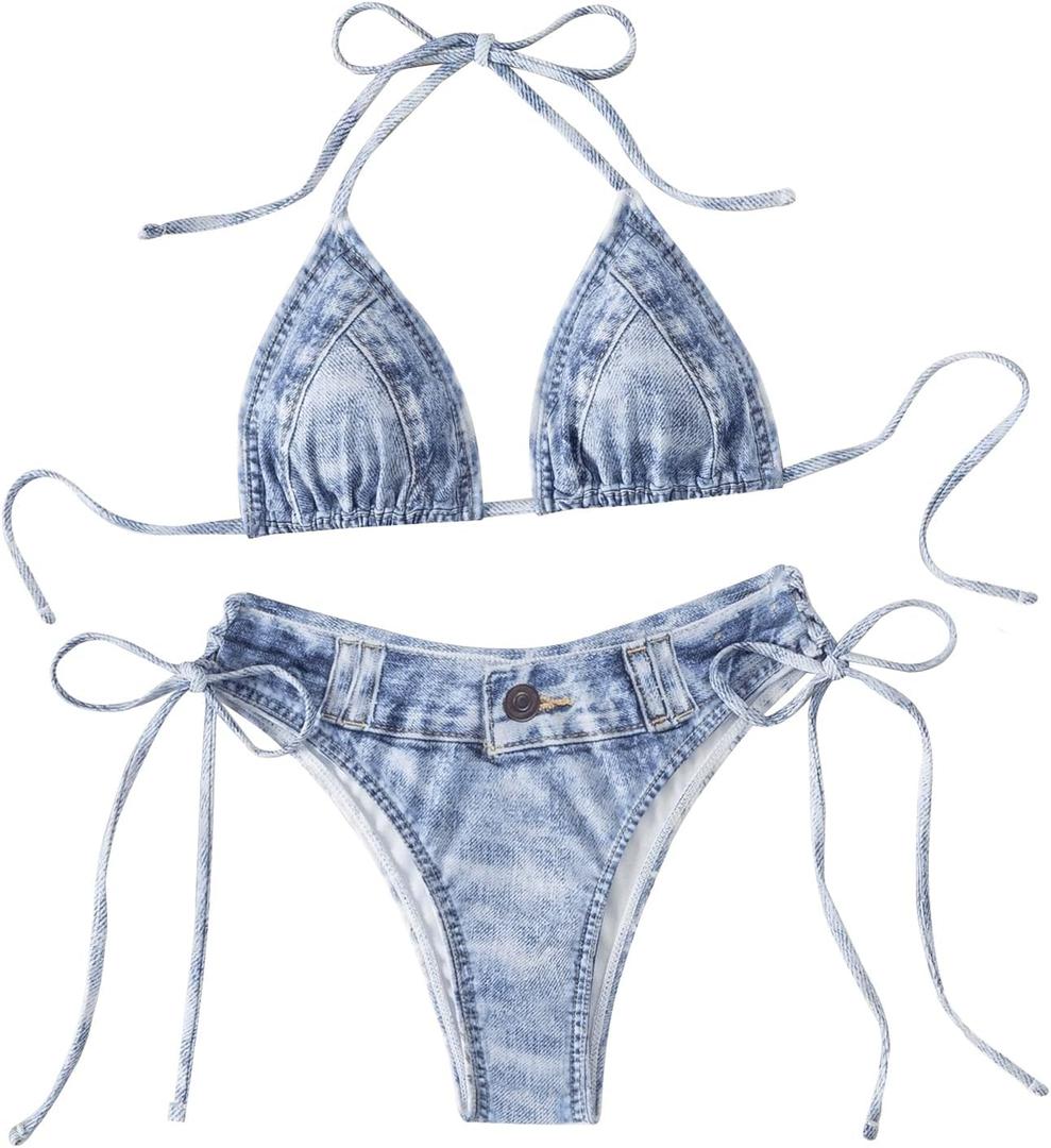 SHENHE Women's 2 Piece Swimsuits Denim Print Halter String Triangle Tie Side Bikini Set (Blue)