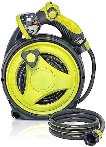 YASHINE 50ft Retractable Garden Hose Reel, Portable Hose Reel, 45+5FT with 10 Patterns Spray Nozzle, Adapts to standard US hose plugs, 50FT Hose Reel for Garden Watering Car Washing Pet -Green