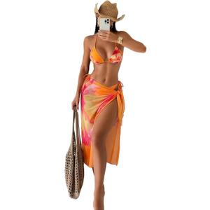 SISKIN 3 Piece Swimsuits for Women Beach Coverup Hawaiian Swimsuits for Women Floral Halter Tie Bikini (Orange, S)