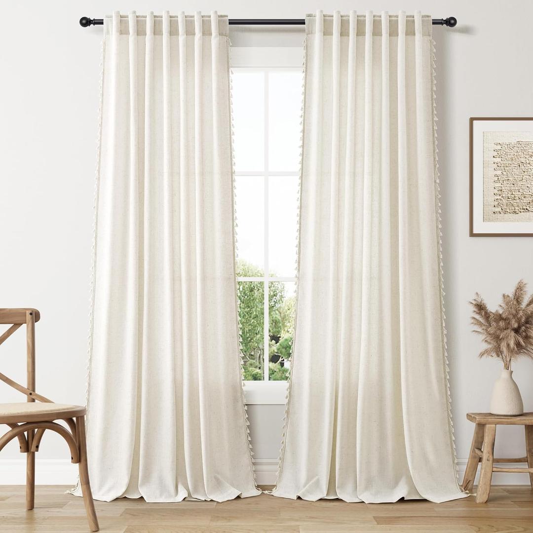 Boho Linen Curtains 2 Panels 95 Inches Long for Living Room Bedroom Cream Light Filtering Country Farmhouse Curtains Back Tab Pocket Natural Semi Sheer Vintage Chic Tassels Curtain Drapes 52x95