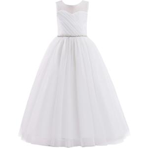 Glamulice Flower Girl Wedding Dress Tulle Long A Line Holiday Birthday Party Ball Gown Girls Formal Pageant Maxi Dresses (11-12 Years, White)