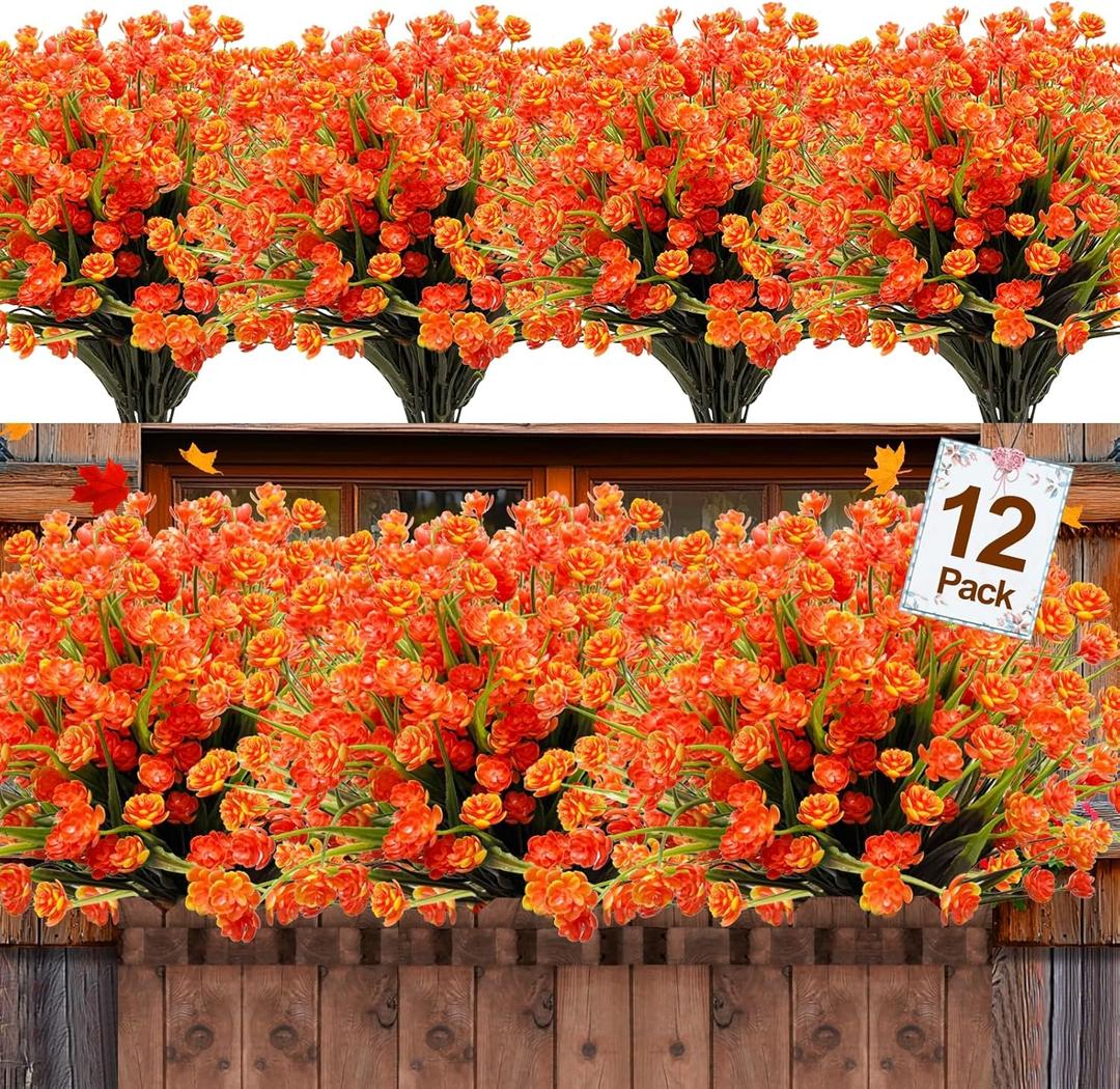 12 Bundles Artificial Fall Flowers for Outdoors Fall Thanksgiving Decorations, UV Resistant Fake Mums Realistic Fake Fall Plants Faux Plastic Flowers for Outdoor Home Gardens Porch Fall Decor(Orange)