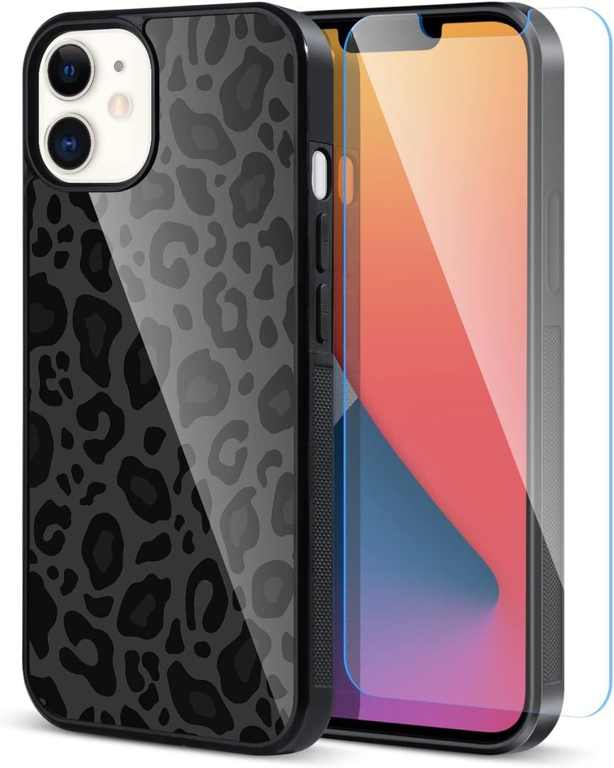 TEAUGHT Compatible with iPhone 14 Case Cute Pattern Black Leopard Print Cheetah + Screen Protector Tire Shockproof Cover, Cheetah Pattern Phone Case Anti-Skid for Girls Women