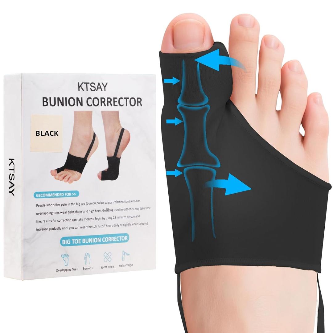 KTSAY 2PCS Bunion Corrector for Women & Men, Big Toe Straightener with Splint & Pads, Comfortable & Breathable for Day/Night Support, Hallux Valgus Pain Relief Non-Slip Socks (1, Black)