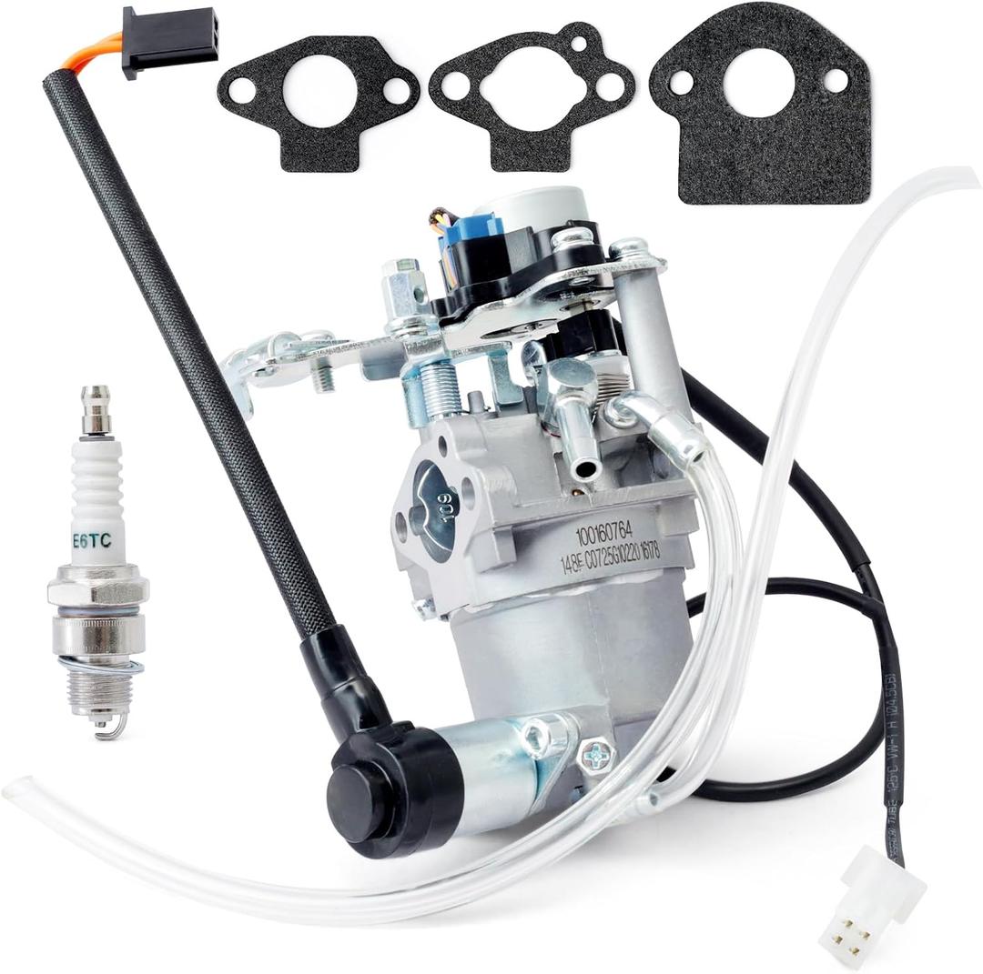 100160764 Carburetor Compatible with Champion 2500 Watt 201122 200961 200962 Dual Fuel Inverter Generator with Solenoids and Stepper Motor, Carb Kit with E6TC Spark Plug and Gaskets