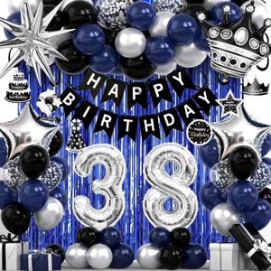 38th Birthday Decorations for Men and Women, Black Blue Silver Happy Birthday Number 38 Balloons, Banner, Fringe Curtains Garland Kit - 38 Year Old Party Supplies