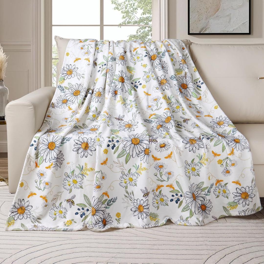 Tupmnbry Floral Throw Blanket Daisy Sunflower Blanket Super Soft Flannel Fleece Blankets Lightweight Fluffy Plush Bed Blanket for Bedding Sofa and Travel 60"X80"