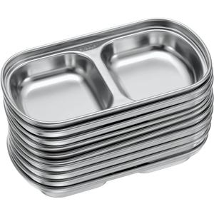 uxcell 10 Pack Stainless Steel Dish Dipping Bowls with 2 Rectangular Compartment Divided, Metal Seasoning Plate Dipping Bowl for Condiment Home Party Restaurant Picnic Travel, Silver