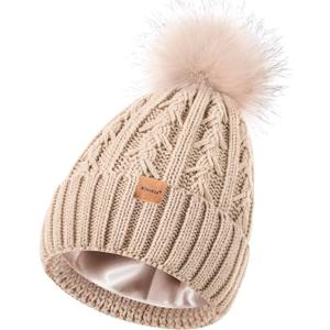 Winuesa Satin Lined Beanie for Women with Pom Pom, Fashionable Womens Winter Hats Silk Beanies, Cute Warm Knit Hat Skull Cap (Oatmeal)