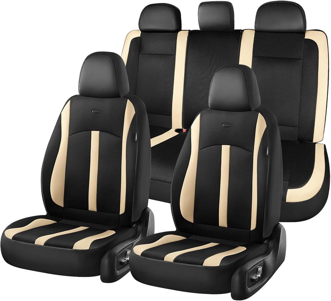 FLORICH Car Seat Covers, Breathable Mesh Automotive Seat Cover Full Sets, Front Seat Covers and Back Seat Cover Universal Car Interior Protectors Cushion for Most Cars&SUV-Black&Beige