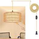 13'' Gold Plug in Pendant Light, Boho Dimmable Hanging Lamp with Rotary Dimmer Switch & 15ft Cord, Rattan & Fabric 2-in-1 Shade, Farmhouse Pendant Lights Kitchen Island Living Room Bedroom, ETL Listed