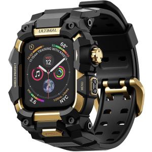 ULTIMAL Rugged Case with Band for Apple Watch 44mm,Compatible with Apple Watch Series SE 3/SE 2/SE Generation/6/5/4, Military Grade Shockproof Bumper Cover for iWatch Tactical Band Men (44mm,Gold)