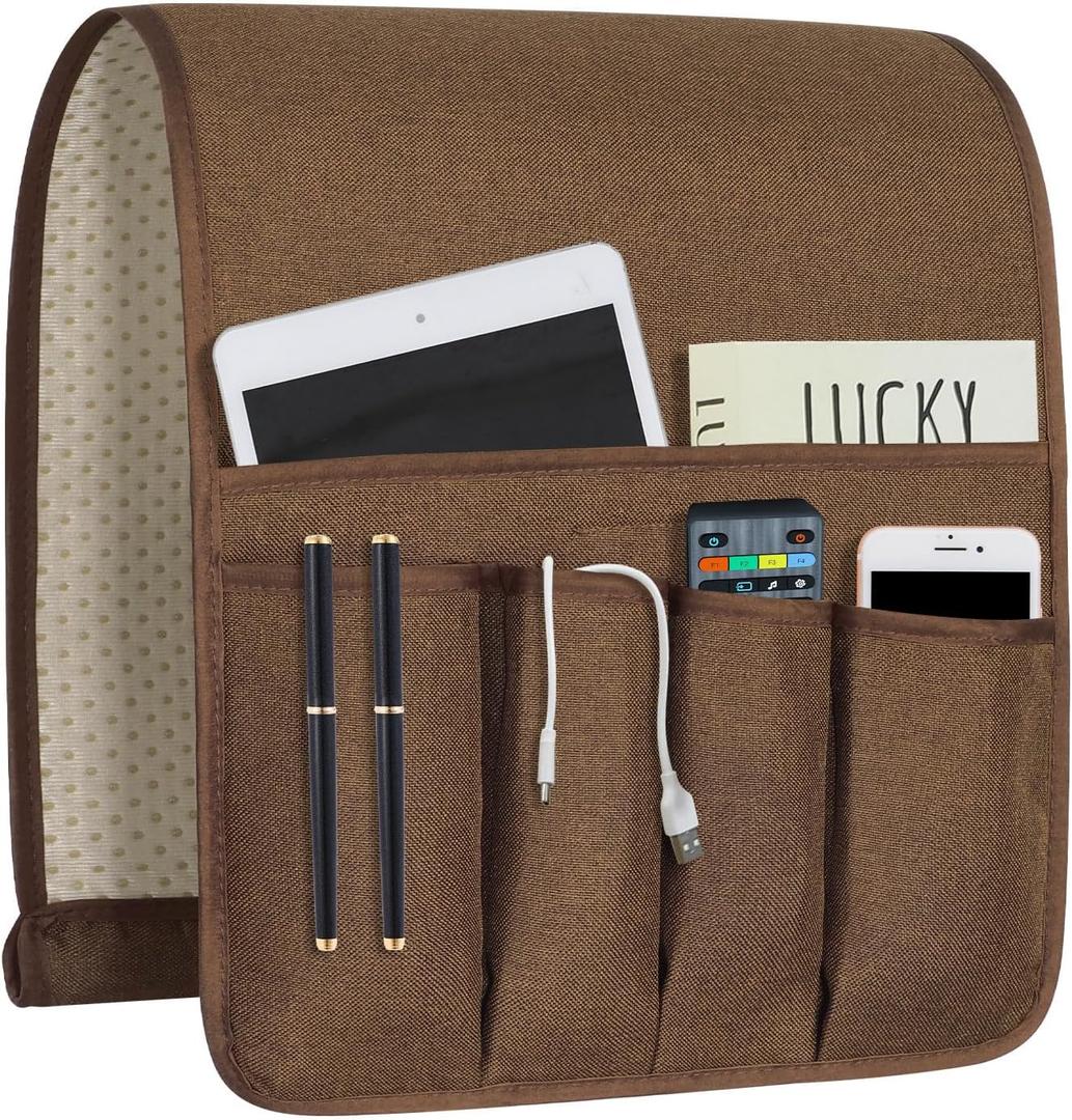 NB Sofa Armrest Organize remote holder bedside caddy organizer with 5 pocketsnon-slip couch remote control holder couch armchair caddy accessories (Flaxen, 35"x12.4")