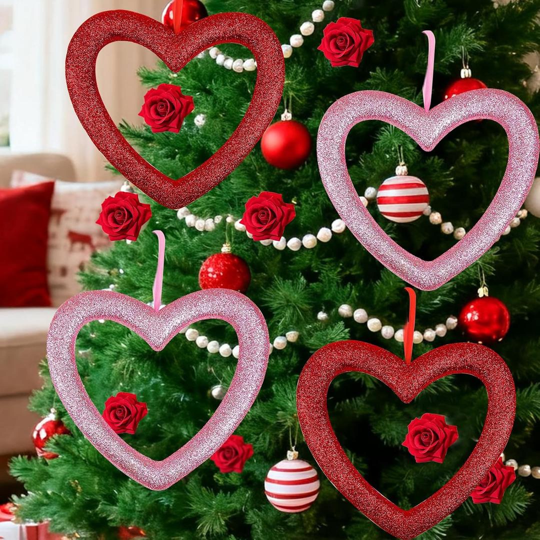 4 Pcs 9 Inch Valentines Day Ornaments for Tree, Red/Pink Valentines Day Tree Decorations Heart Ornaments for Valentine Tree Christmas Tree Wedding Anniversary Home