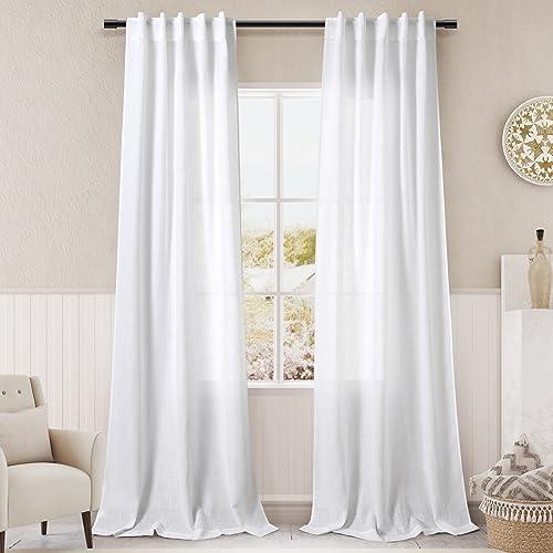 Nanspring Black Semi Sheer Linen Curtains 84 inch Length for Living Room Back Tab Rod Pocket Modern Farmhouse Coastal Decor White Cotton Textured Gauze Curtains for Dining Room Office 38x84 