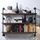 Industrial Pipe Wall Shelves with Real Wood Plank ,36 Inches Floating Shelves for Wall Farmhouse Book Shelves Dark Brown 3 Tier for Kitchen,Living Room Decor and Bar Shelving, 36 inches x 9.8 inches x 41 inches