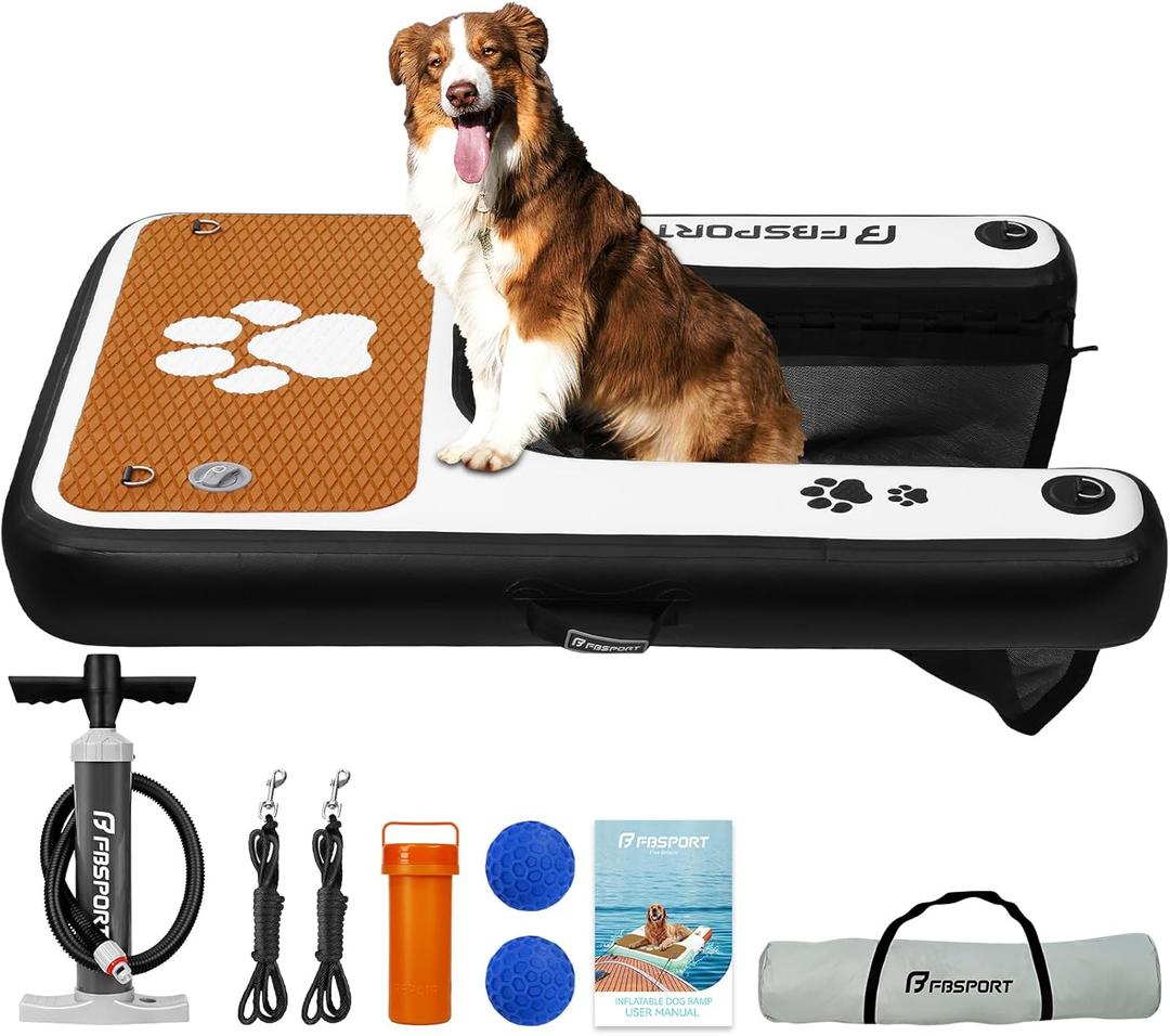 FBSPORT Inflatable Dog Boat Ramp Floating Dock Water Ramp Ladder for Pool, Boat, Non-Slip EVA Floating Ladder Pool Ramp for Dog Up to 220 LBs, Safe & Easy Access Dog Pool Ramp (Black White)