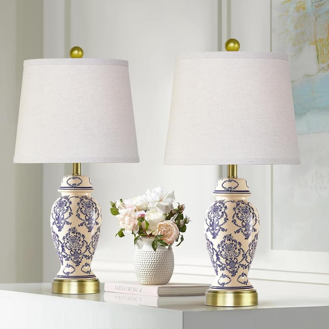 RORIANO Chinoiserie Ceramic Small Table Lamps Set of 2 for Living Room Bedroom Bedside, Traditional Beige and Blue Porcelain Classic Table Lamp for Nightstand Entryway, 2 LED Bulbs Included