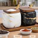 2 Sets of Marble Ceramic Sugar Bowl Ceramic Seasoning Jars with Wooden Lid and Wooden Spoon(Black and White)
