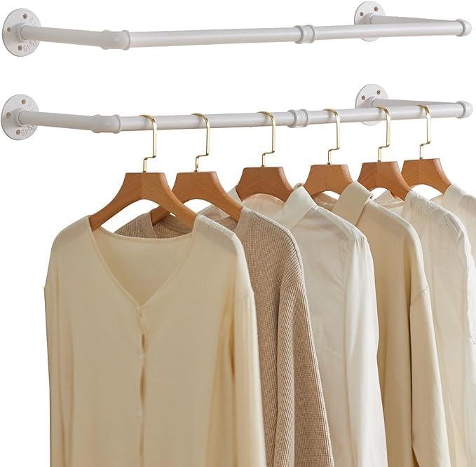 IBUYKE Industrial Pipe Clothes Rack Set of 2, 37 Inch Wall Mounted Clothing Rack, Space-Saving Hanging Closet Rod, Heavy Duty Multi-Purpose Garment Rack for Closet and Laundry Room, White TYJ001W-2