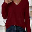 PRETTYGARDEN Fall Fashion 2026 Long Sleeve Shirts for Women Ribbed Knit V Neck Dressy Casual Lightweight Sweaters Tunic Tops (Red, S)