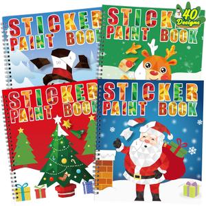 90shine 4PCS Christmas Crafts for Kids Ages 4-8 Sticker Paint Books - Includes Santa Clause Snowman Elf Gnome and More Designs Gift Party Create 40 Pictures