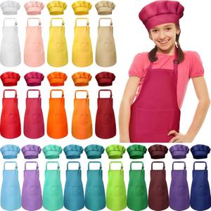 40 Pcs Kids Apron Chef Hat Set Boys Girls Aprons Chef Apron Hats Bulk for Cooking Painting Children's Bib Apron 7-13 Years (Mixed Color)
