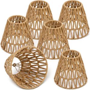 6 Pcs Rattan Chandelier Shades, Rattan Lampshade with 5.5" Clip-On Fitter, Handwoven Natural Fiber Shade for Pendant & Table Lamps, 5.9" Diameter x 5.5" Height, Light Brown
