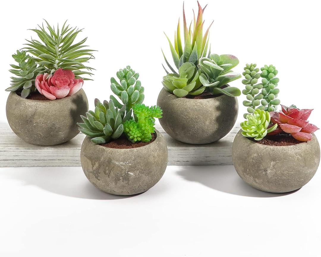 Succulents Plants Artificial 4 Pack, Mini Fake Succulents in Pots, Assorted Small Faux Succulent Decorative for Living Room Home Office Decor (Type2)