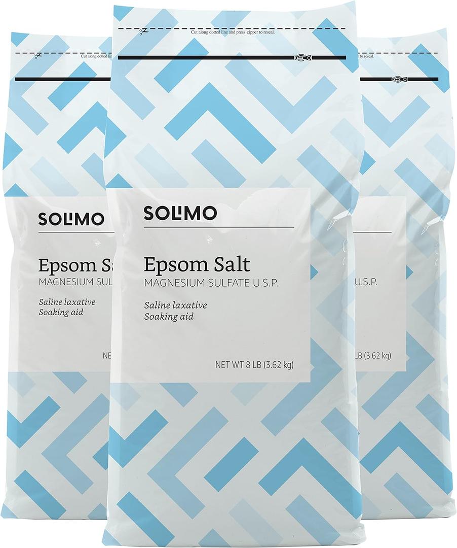Amazon Brand - Solimo Epsom Salt Soak, Magnesium Sulfate USP, Unscented, 8 pound (Pack of 3)