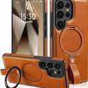 Lunivop Compatible with Samsung Galaxy s25 Ultra Case 6.9 '' 2025 Grip Strap Lanyard Leather Ring Holder Kickstand Compatible with Magsafe Women Man Magnetic Phone Cases Brown