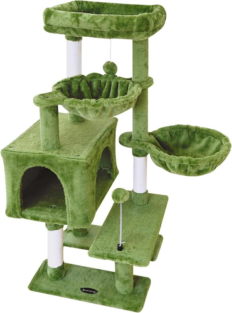 KIYUMI Cat Tree Cat Tower Condo with Sisal Scratching Post for Indoor Cats Cat Tree Cat Furniture with Hammock Perch and Kitten Ball Toys, Multi-Level Pet Activity Center Green (39")