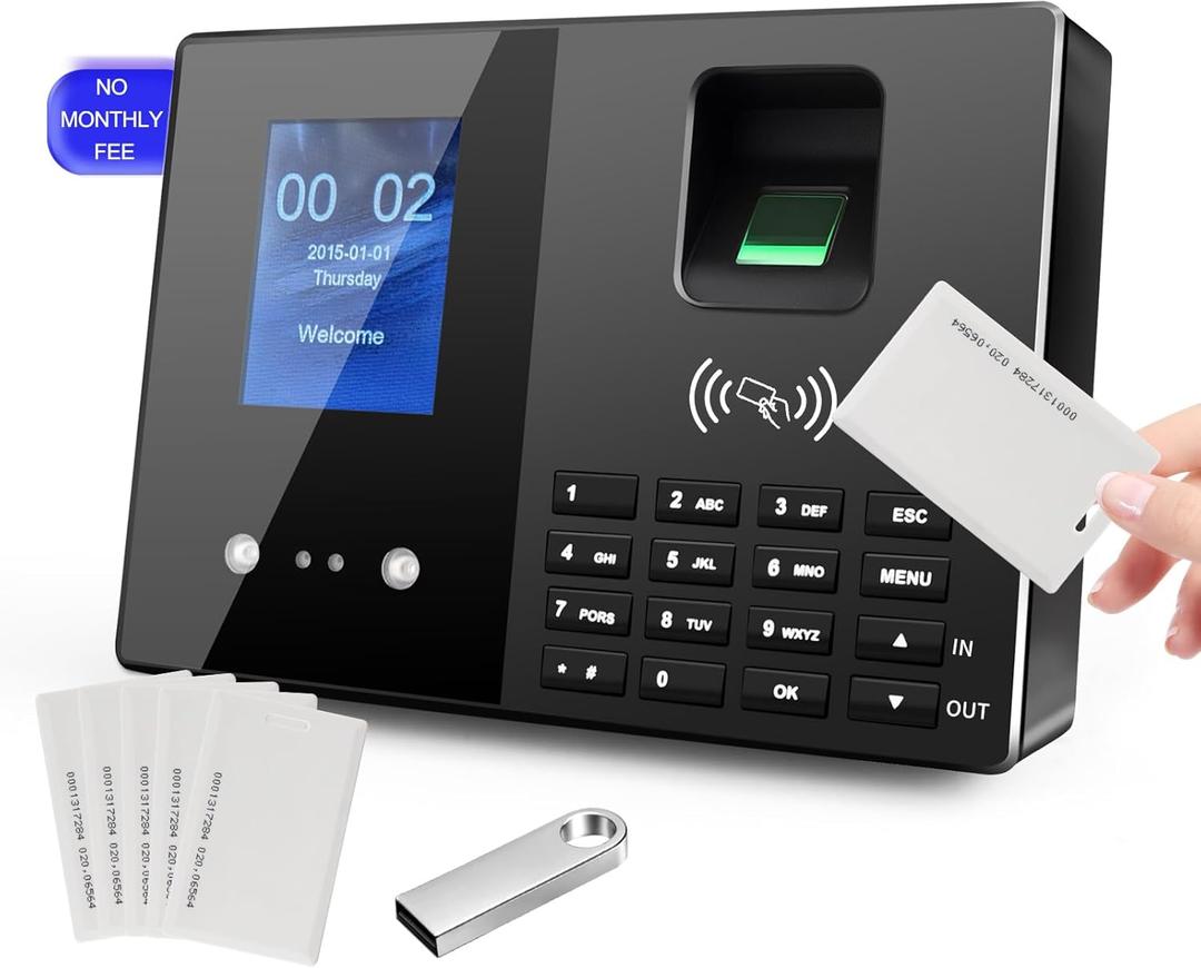 Employee Time Clock, Fingerprint Badge Attendance Machine, 0 Monthly Fee Office Punch Clock for Small Business, 5 Badges Included