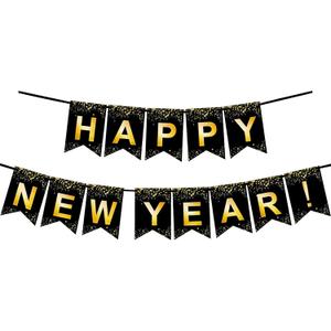 Fecedy Black Gold Happy New Year Banner for New year Party Decorations