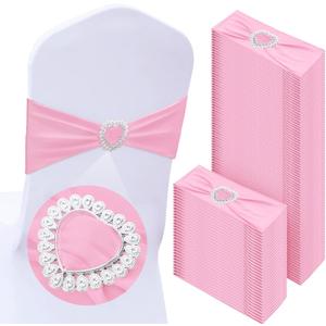 150 Pcs Spandex Chair Sashes Bows Stretch Chair Cover Band with Heart Shaped Buckle Universal Elastic Ties for Wedding Banquet Event Party Decoration(Pink)