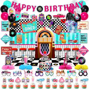 50s Retro Diner Birthday Party Decorations, 1950s Sock Hop Party Decoration Decor Supplies for Retro Rock Birthday - Backdrop, Banner, Balloons, Cake Toppers, Centerpieces, Wall Signs