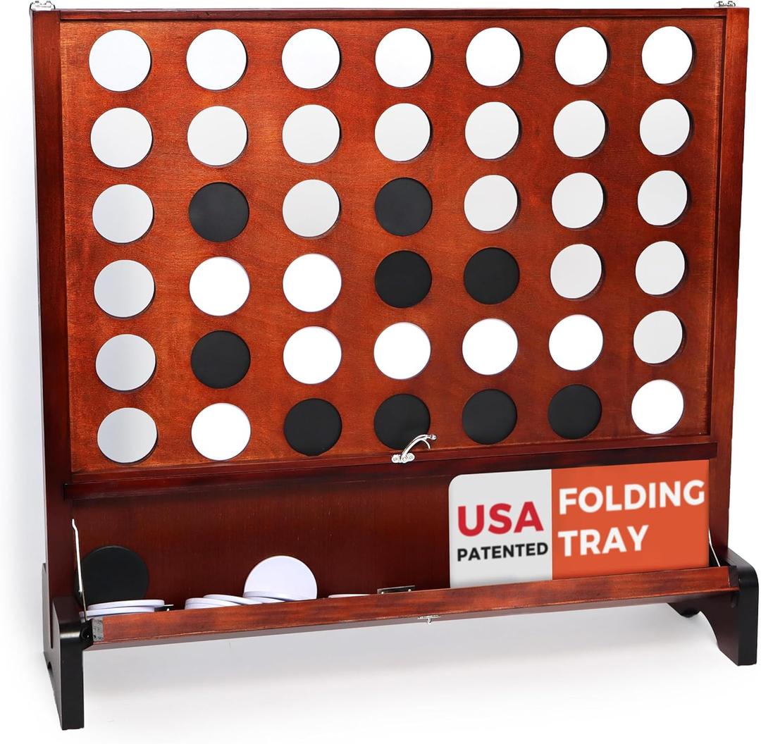 Giant Wooden 4 in a Row Connect Games with Folding Tray - Yard Outdoor Beach Games with Carrying Case - Two Styles to Play - Patented Product