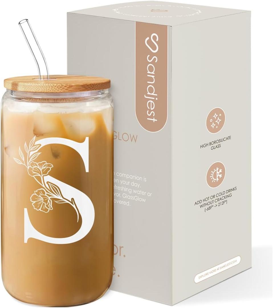 SANDJEST Monogrammed Gifts for Women - Monogram S Initial Glass Cup 16 Oz Can Coffee Cups with Lid and Straw - Monogram Initials Gifts for Womens on Birthday SANDJEST Monogrammed Gifts for Women - Monogram S Initial Glass Cup 16 Oz Can Coffee Cups with Lid and Straw - Monogram Initials Gifts for Womens on Birthday