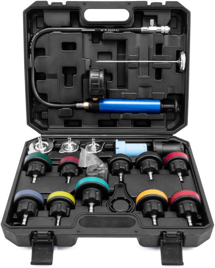 21pc Coolant Pressure Tester Kit, 15 Radiator Adapters & Wrench, with Vacuum Pump & Probe Thermometer for Automotive Cooling System Pressure Tester Kit