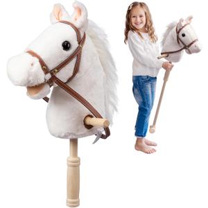 HollyHOME Stick Horse Plush Handcrafted Hobby Horse on a Stick with Wood Wheels Real Pony Neighing and Galloping Sounds for Kids Toddlers White 36 Inches (AA Batteries Required)